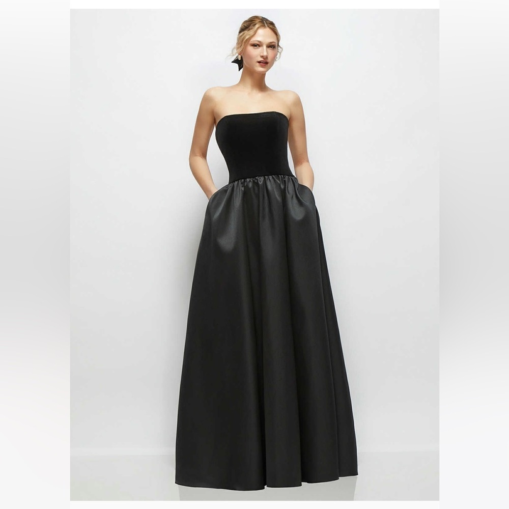 new Dessy Collection Nellie STRAPLESS BLACK VELVET AND SATIN DROP WAIST GOWN